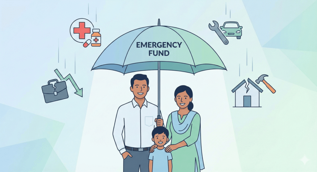 Indian family planning emergency fund India with calculator and rupee notes