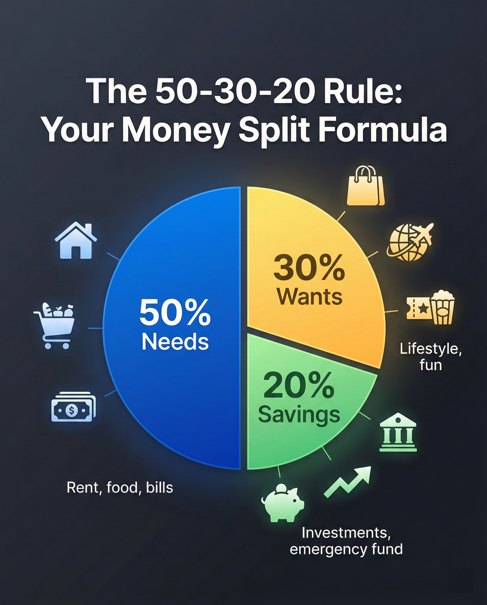 50-30-20 budget rule breakdown showing needs, wants, and savings percentages for ₹25000 salary